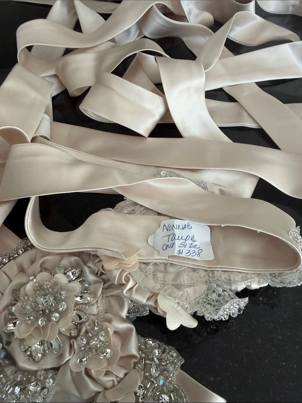 Satin Floral Crystal Ribbon Belt in Champagne